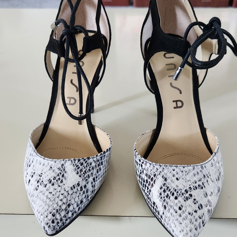 Unisa 3" Black and White Heels with Snakeskin Print; Worn Once